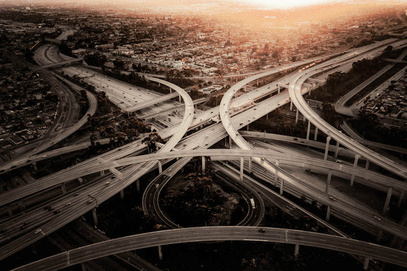 A bird's eye view of a motorway interchange